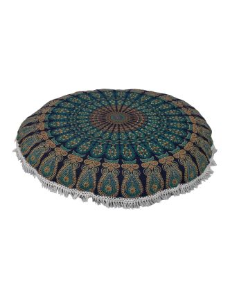 Meditačný vankúš, okrúhly, 80x13cm, tmavo modrý, pávie mandala, biele strapce