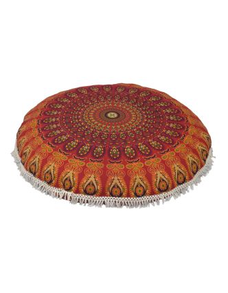 Meditačný vankúš, okrúhly, 80x13cm, červený, pávie mandala, biele strapce