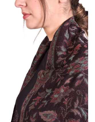 Luxusný šál z kašmírovej vlny, farebný paisley vzor, čierny, 73x194cm