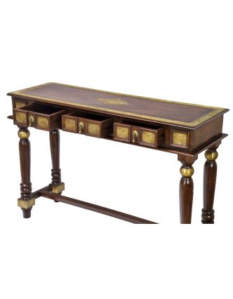 Konzolový stolík z palisandrového dreva s kovaním, 3 šuplíky, 121x40x80cm