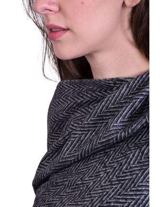 Veľký šál, jemná vlna s bavlnou, šedo-čierna, jemný zig-zag vzor, 74x206cm