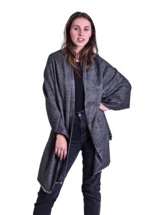 Veľký šál, jemná vlna s bavlnou, šedo-čierna, jemný zig-zag vzor, 74x206cm