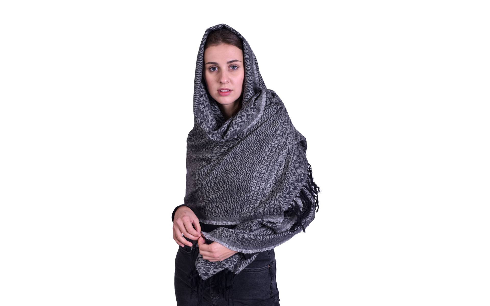 Veľký šál, jemná vlna s bavlnou, šedo-čierna, jemný geometrický vzor, 73x178cm