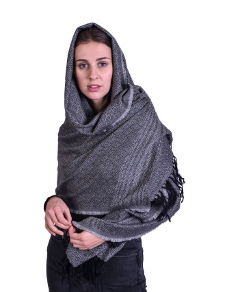 Veľký šál, jemná vlna s bavlnou, šedo-čierna, jemný geometrický vzor, 73x178cm