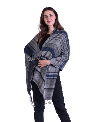 Veľký šál, jemná vlna s bavlnou, šedo-modrá, jemný geometrický vzor, 73x178cm