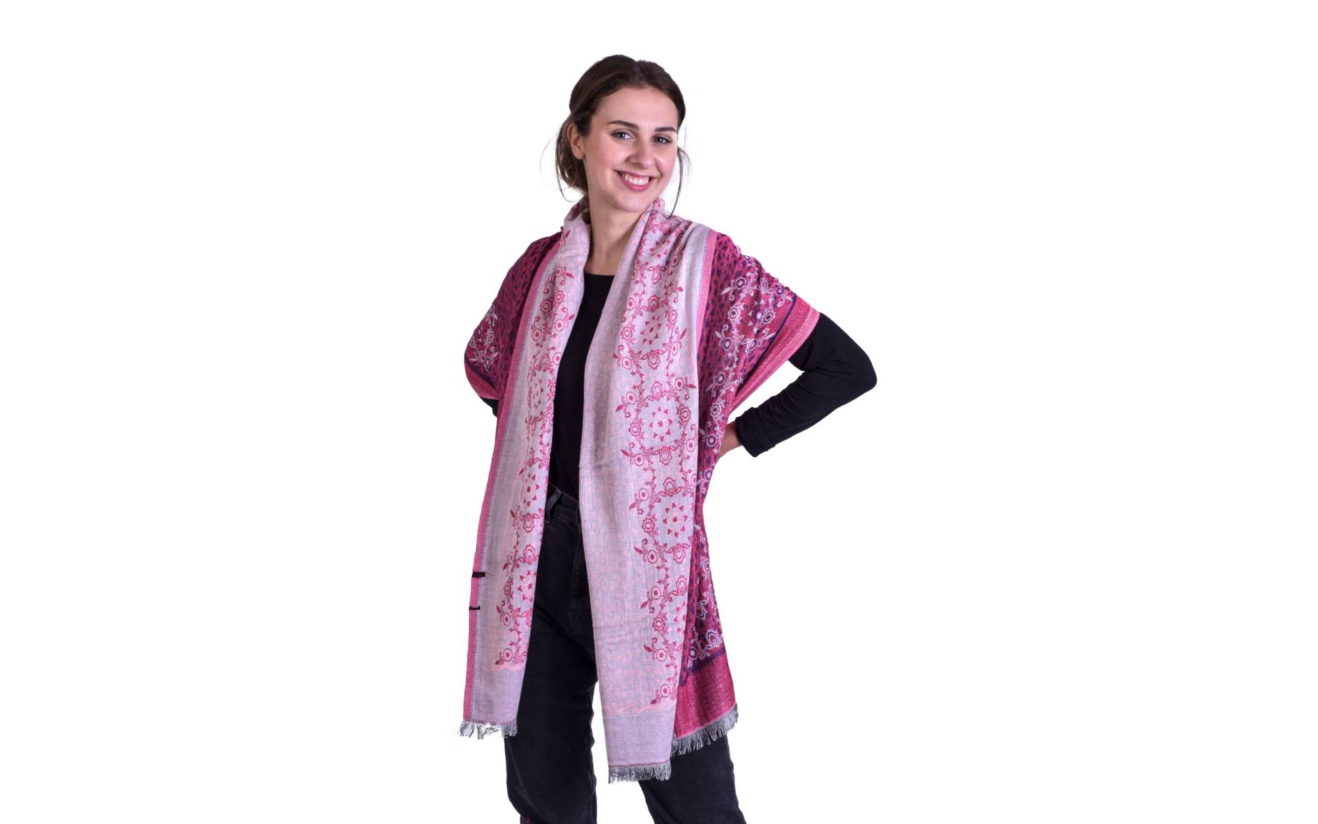 Veľký šál, ružovo-fialový, orientálny vzor, strapce, 70x190cm