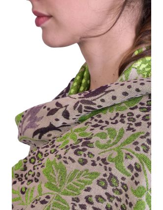 Veľký šál, šedo-zelený, vzor kvetín, strapce, 72x186cm