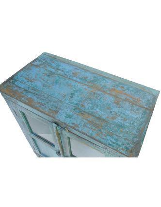 Presklená skrinka z antik teakového dreva, tyrkysová patina, 75x41x93cm