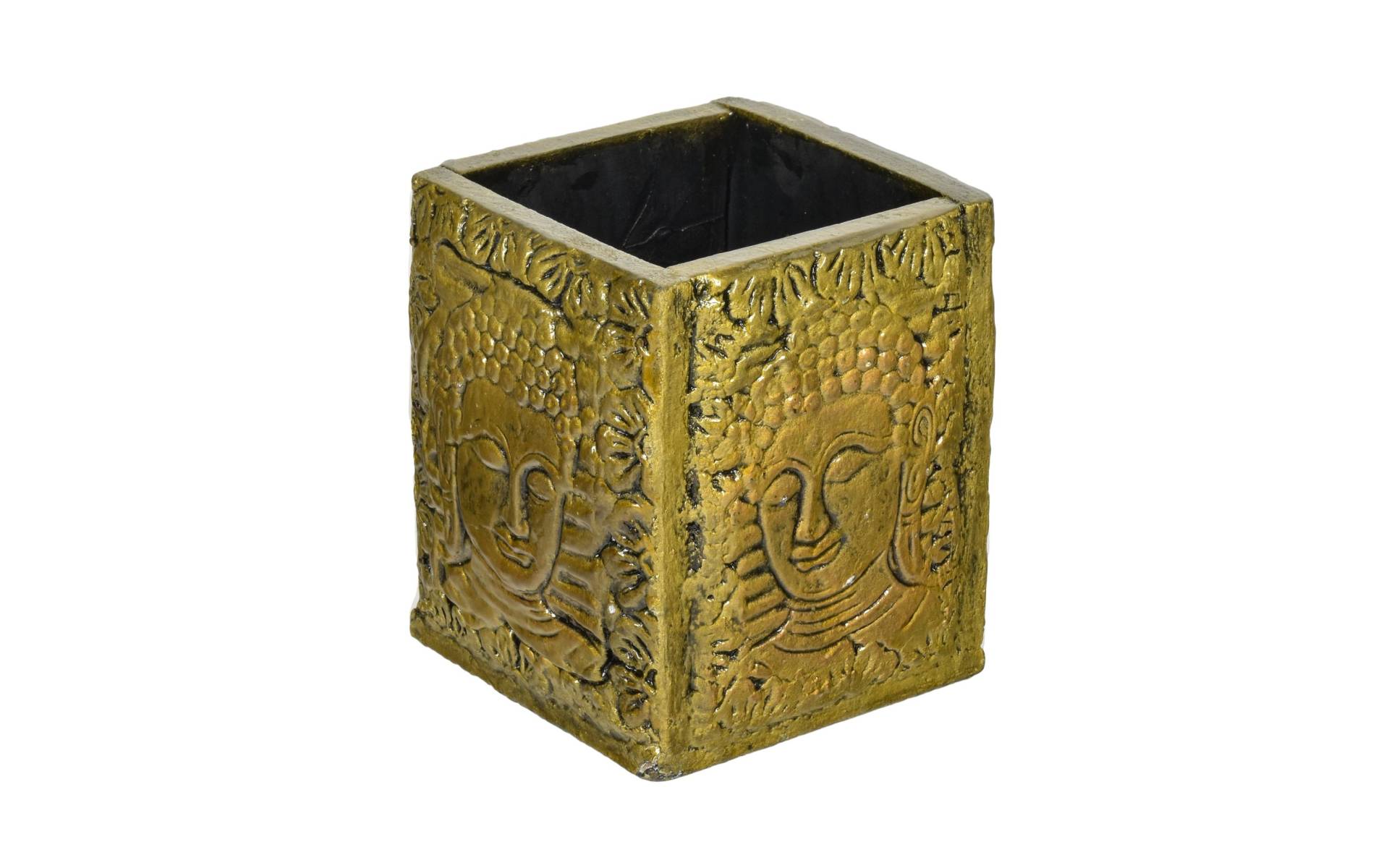 Drevená krabička zdobená reliéfmi Budhu, 10x10x13cm