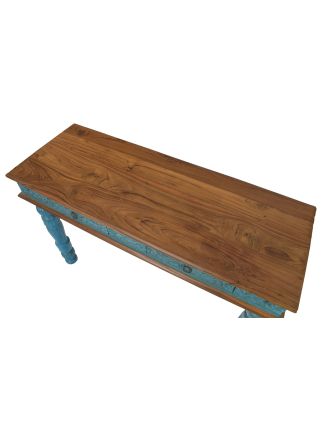 Konzolový stolík z teakového dreva, ručné rezby, tyrkysová patina, 120x45x78cm