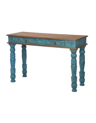 Konzolový stolík z teakového dreva, ručné rezby, tyrkysová patina, 120x45x78cm