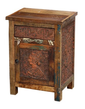 Nočný stolík v "GOA" štýle z teakového dreva, zdobený reliéfmi, 50x40x70cm