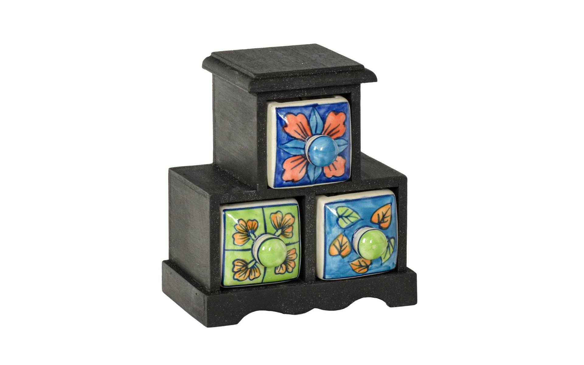 Drevená skrinka s 3 keramickými šuplíkmi, ručne maľované, 16,5x12x18,5cm