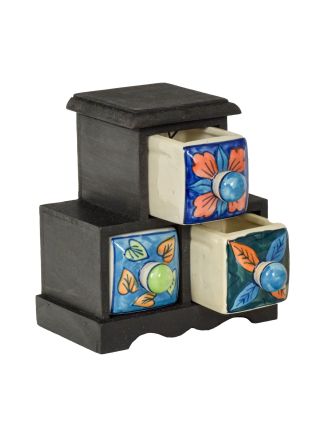 Drevená skrinka s 3 keramickými šuplíkmi, ručne maľované, 16,5x12x18,5cm