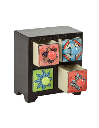 Drevená skrinka so 4 keramickými šuplíkmi, ručne maľované, 15x11x17cm