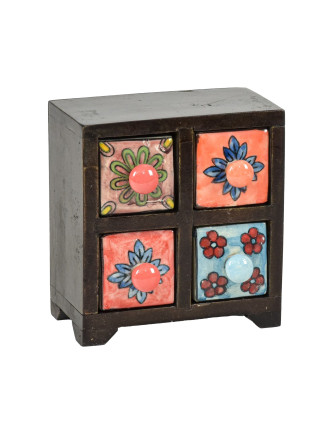 Drevená skrinka so 4 keramickými šuplíkmi, ručne maľované, 15x11x17cm