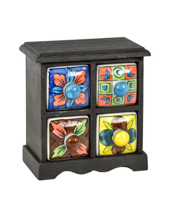 Drevená skrinka so 4 keramickými šuplíkmi, ručne maľované, 17,5x12x18,5cm