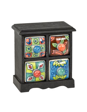 Drevená skrinka so 4 keramickými šuplíkmi, ručne maľované, 17,5x12x18,5cm