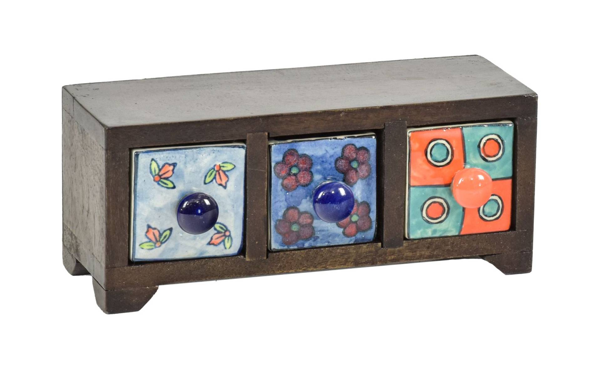 Drevená skrinka s 3 keramickými šuplíkmi, ručne maľované, 22,5x10,5x9,5cm