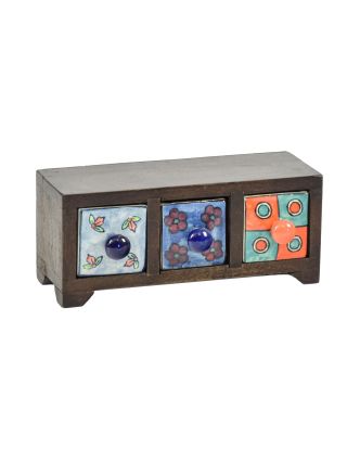Drevená skrinka s 3 keramickými šuplíkmi, ručne maľované, 22,5x10,5x9,5cm