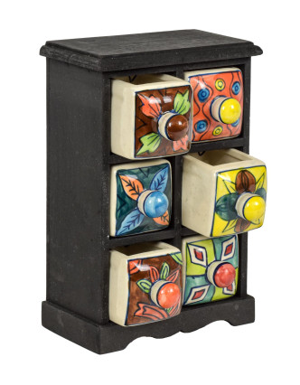Drevená skrinka so 6 keramickými šuplíkmi, ručne maľované, 18x12x27cm