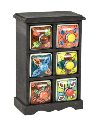 Drevená skrinka so 6 keramickými šuplíkmi, ručne maľované, 18x12x27cm