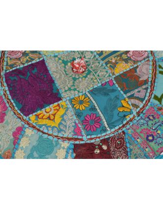 Taburet, Rajasthan, patchwork, Ari bohatá výšivka, tyrkysový podklad, 55x55x31cm