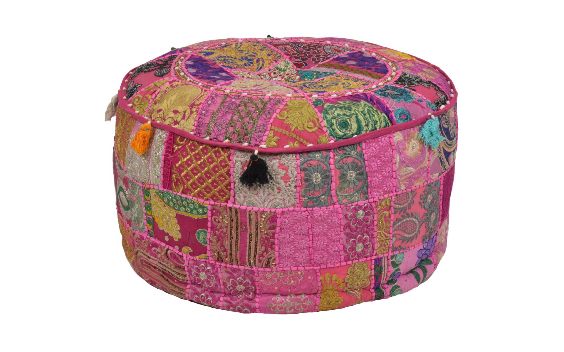 Taburet, Rajasthan, patchwork, Ari bohatá výšivka, ružový podklad, 55x55x31cm