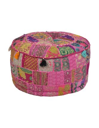 Taburet, Rajasthan, patchwork, Ari bohatá výšivka, ružový podklad, 55x55x31cm