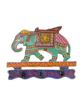 Ručne maľovaný drevený vešiačik na stenu, 3 háčiky, slon, 33x1x25cm