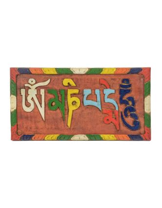 Drevená Tabuľka s nápisom Om Mani Padme Hum, farebne maľovaný, 28x2x14cm