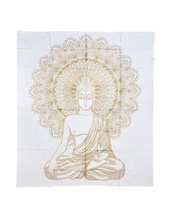 Prikrývka s tlačou, Budha, bielo-zlatý, 228x210 cm