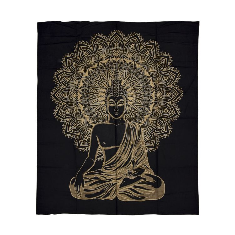Prikrývka s tlačou, Budha, čierno-zlatý, 210x230cm