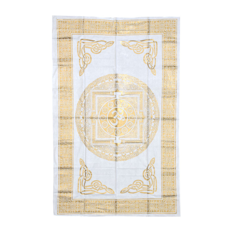 Prikrývka s tlačou, biela, zlatá tlač, Om mandala, 206x136cm