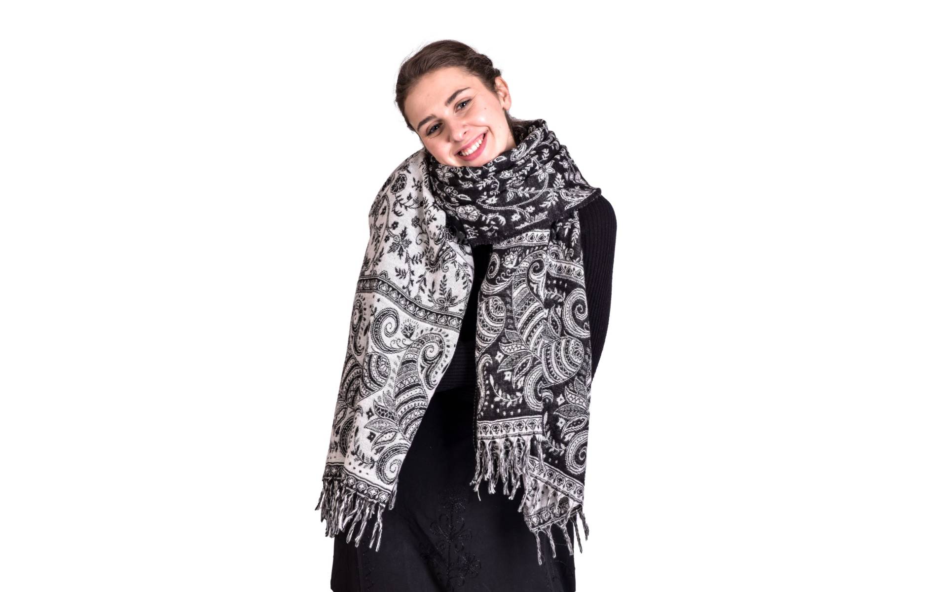 Veľký zimný šál so vzorom paisley, čierno-biely, 205x90cm