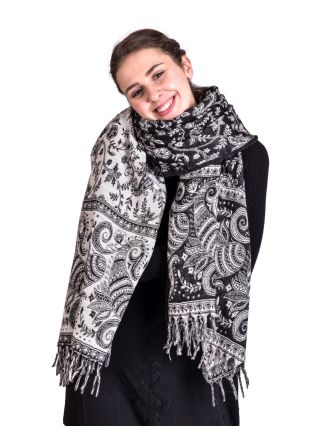 Veľký zimný šál so vzorom paisley, čierno-biely, 205x90cm