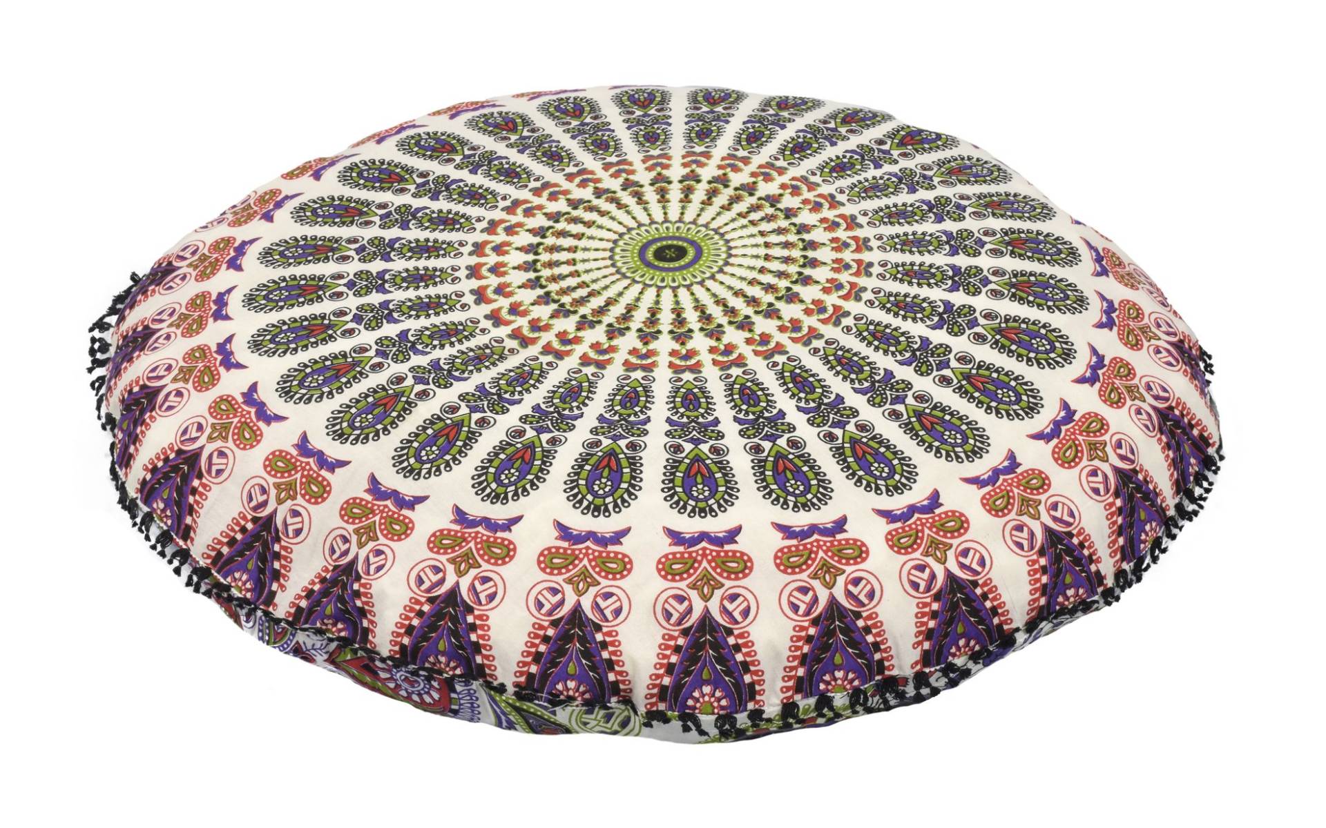 Meditačný vankúš, okrúhly, 80x13cm, béžový, farebná pávie mandala, čierne strapce