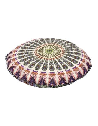 Meditačný vankúš, okrúhly, 80x13cm, béžový, farebná pávie mandala, čierne strapce