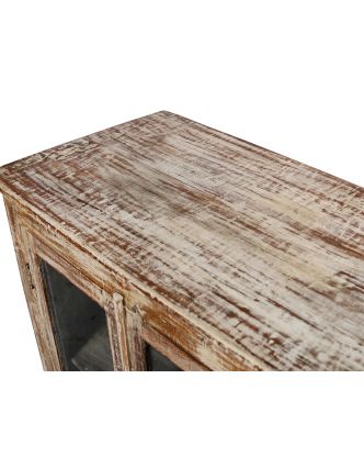 Presklená skrinka z teakového dreva, biela patina, 152x46x90cm