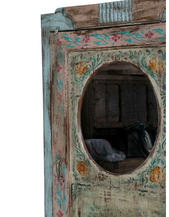 Starožitná skriňa z teakového dreva so zrkadlom, ručne maľovaná, 70x46x190cm
