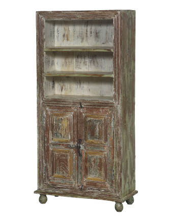 Knižnica z teakového dreva, zelená patina, 75x33x163cm