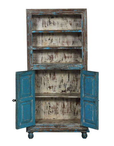 Knižnica z teakového dreva, tyrkysová patina, 75x33x163cm