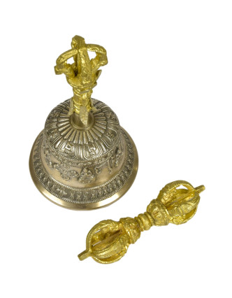 Tibetský zvon a dorje, mosadzná farba, ornament, 16cm