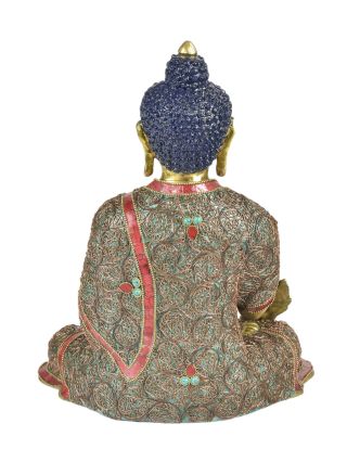 Uzdravujúca Budha, mosadzná socha zdobená polodrahokamami, 26x16x33cm
