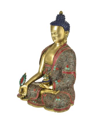 Uzdravujúca Budha, mosadzná socha zdobená polodrahokamami, 26x16x33cm
