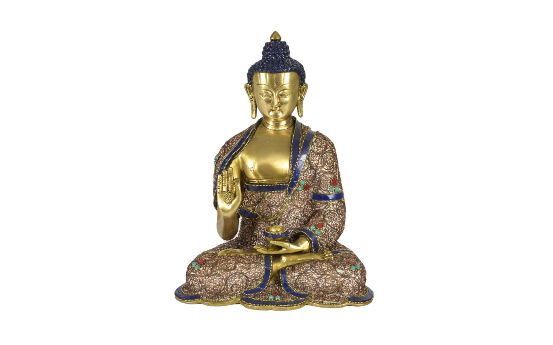 Budha s gestom učenia, mosadzná socha zdobená polodrahokamami, 26x16x33cm