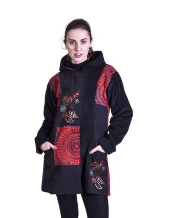 Čierno-červený kabát s kapucňou a potlačou Mandal, kombinácia manžester-bavlna