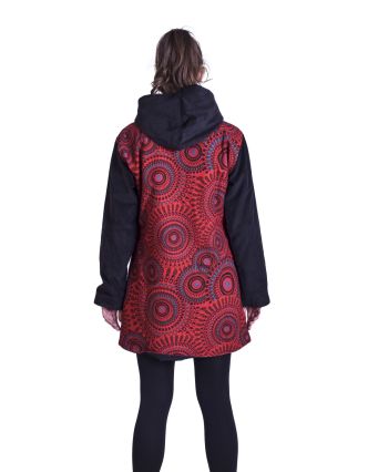 Čierno-červený kabát s kapucňou a potlačou Mandal, kombinácia manžester-bavlna