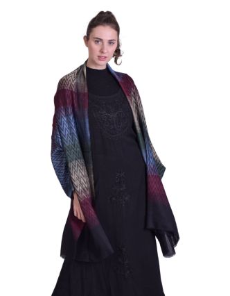 Luxusný šál z kašmírovej vlny, farebný zig-zag vzor, čierny, 71x204cm