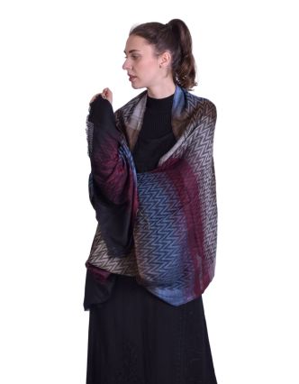 Luxusný šál z kašmírovej vlny, farebný zig-zag vzor, čierny, 71x204cm